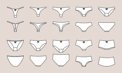 Set of women underwear types panties, bikini, string, tanga. Underclothing vector collection