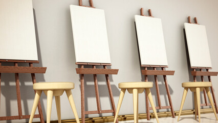 Easels and blank canvases standing in a row. 3D illustration