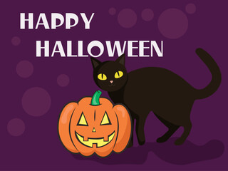 happy halloween vector illustration with pumpkin and black cat