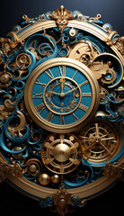 Fototapeta na wymiar A gold and blue clock on a black background.
