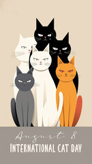 A group of cats sitting next to each other. Digital image. Text International Cat Day August 8.
