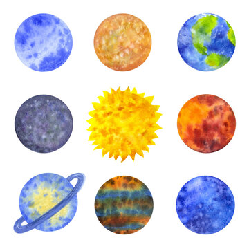 Planets of the solar system. Mercury Venus Earth Mars Jupiter Saturn Uranus Neptune Sun. Cosmos, night sky stars. Hand draw watercolor illustration isolated on white background. Textile, print, logo