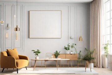 modern living room with home plants and white mock-up on a wall ai gnerated