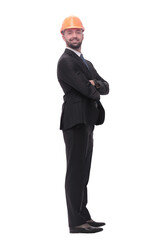 side view.businessman in helmet looking at copy space.