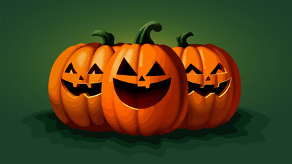 Laughing carved Halloween pumpkins isolated on green background. Spooky wallpaper with cartoon glowing Jack-o-lantern as a decoration for October 31st