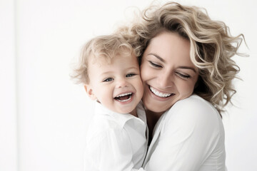 A business woman's face lights up with a warm smile and looking affectionately at her child. They share a joyful moment, embodying harmony of professional success and matural love.