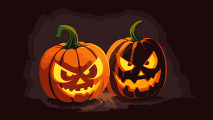 Laughing carved Halloween pumpkins isolated on green background. Spooky wallpaper with cartoon glowing Jack-o-lantern as a decoration for October 31st