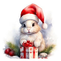 A white rabbit wearing a santa hat and holding a present. Christmas winter bunny.
