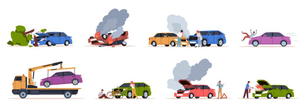 Accidents on road. Collided and overturned cars, vehicle hits pedestrian, traffic rules violation, engine caught fire, collision hitting an people. Nowaday vector cartoon flat set