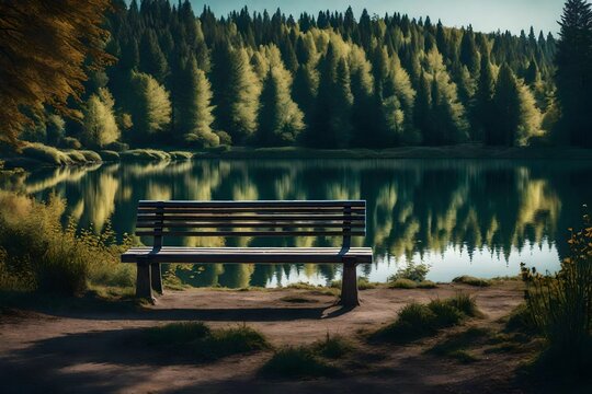 The Majestic View Of Bench In Front Of Lake  In Morning Ai Generated