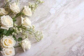 beautiful white roses and green leaves laying on marble background