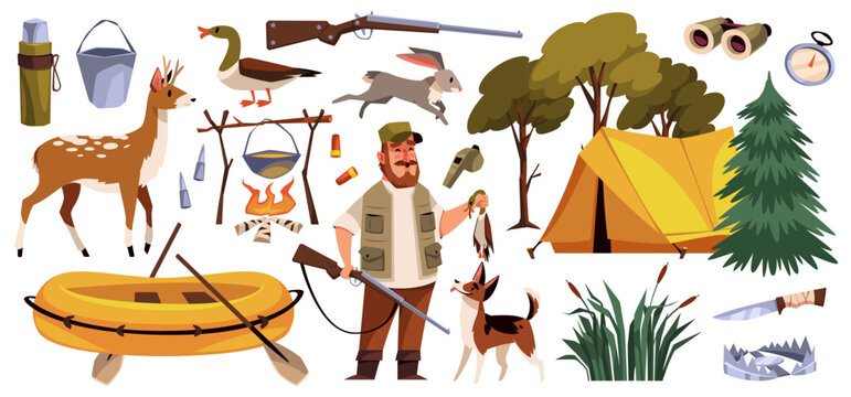 Cartoon hunter character with equipment. Funny man with a hunting dog holds trophy and gun, tent, deer and inflatable boat, outdoor hobby people on camping tidy vector isolated set