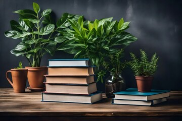 view of stack of books on a table with room plant ai generated 