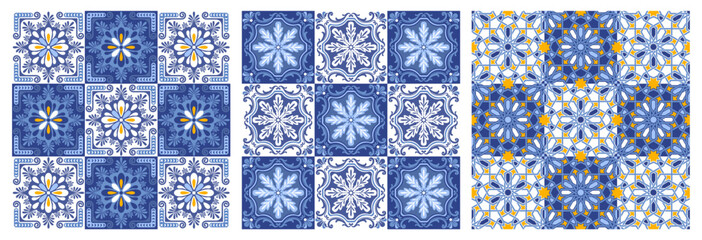 Azulejo mosaic seamless patterns with floral motifs, blue and white colors. Mediterranean, Portuguese, Spanish traditional vintage ceramic tilework, arabesque ornament. Vector illustration
