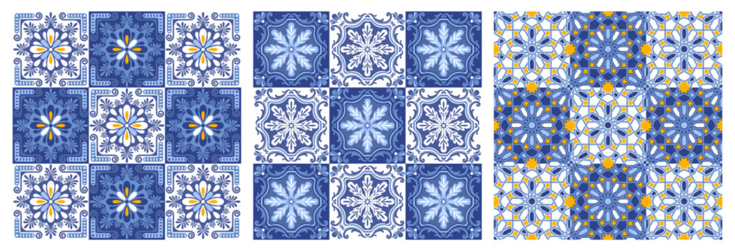 Azulejo mosaic seamless patterns with floral motifs, blue and white colors. Mediterranean, Portuguese, Spanish traditional vintage ceramic tilework, arabesque ornament. Vector illustration