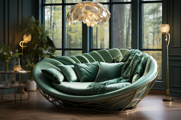Cozy sage leaf colour living room with big windows, modern round couch with green pillows. Plant in the pot. Luxury interior style. Copy space
