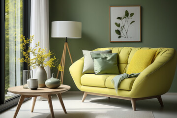 Cozy sage leaf colour living room, floor lamp and couch with green and yellow pillow. Picture of botanical plants on the wall. Plant in the pot. Scandinavian interior style. Copy space
