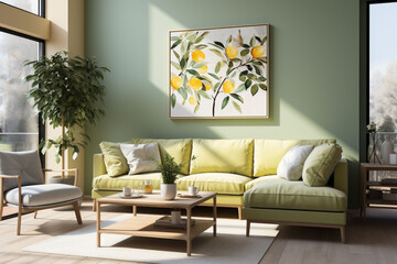 Cozy sage leaf colour living room, couch with green and yellow pillows in sunny day. Picture on the wall. Plant in the pot. Scandinavian interior style. Copy space