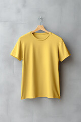 Pln light yellow color mockup on neutral background. Crowneck tshirt for your design, front view.