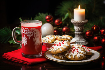 Obraz na płótnie Canvas Holiday cookies and hot cocoa for a cozy and sweet celebration. Homemade gingerbread cookies, christmas lights. AI generated
