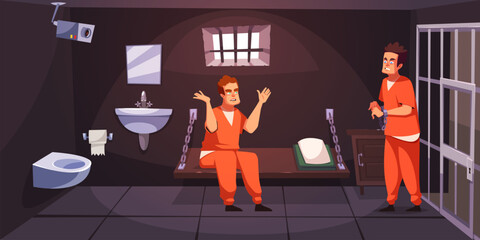 Prisoners in cell. Criminals serving punitive sentence, guys in orange jumpsuits, prison interior, bunk, bars and latrine. Life in jailhouse, arrested convict men tidy vector cartoon concept
