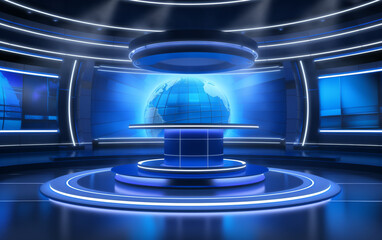Fototapeta na wymiar 3D Virtual TV Studio News, Backdrop For TV Shows .TV On Wall.3D Virtual News Studio Background,3d illustration