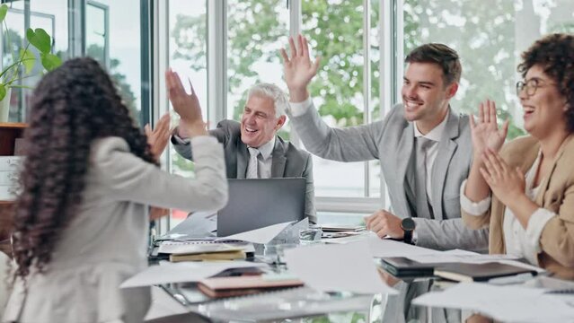 Throw, paper and business people high five for meeting success and celebration for laptop news, goals and applause. Winner, teamwork and group of men and woman wow, yes and documents in air for bonus