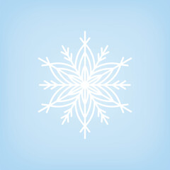 White template snowflake with shadow on blue background. Isolated snowflakes icon. Empty paper shape. Winter cartoon flat illustration. Geometric hexagonal pattern. Hand draw style