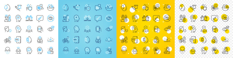 Vector icons set of Salad, People insurance and Stress line icons pack for web with Brain working, Mental conundrum, Face recognition outline icon. Clean skin, No alcohol, Health app pictogram. Vector