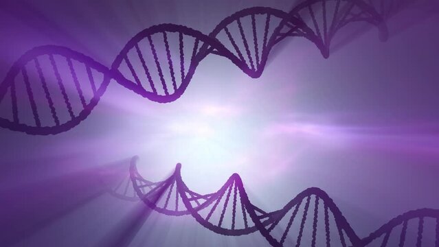 Dna chains rotating in glow and shiny artistic science space, copy space animation background. Seamless looping.