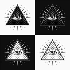 Composition with all seeing eye, eye of providence. Illuminati symbol in pyramid, triangle with light rays. Black and white mystical illustration in retro, vintage style