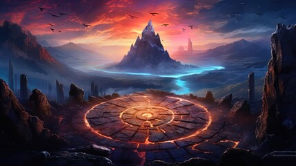 Fantasy mountain landscape with ancient magical runes. AI generation - obrazy, fototapety, plakaty