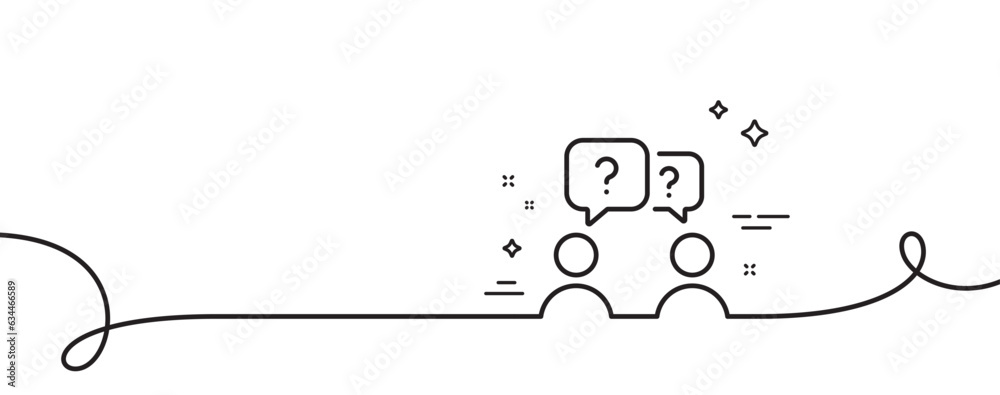 Poster teamwork questions line icon. continuous one line with curl. ask help sign. support problem symbol. 