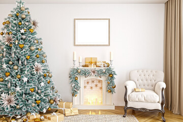 Mockup poster room with Christmas tree