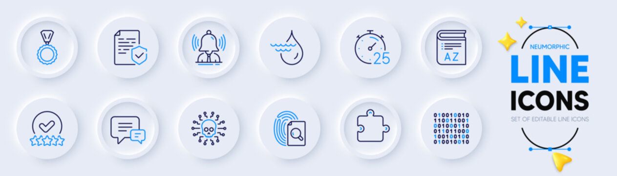 Comment, Certificate and Cyber attack line icons for web app. Pack of Puzzle, Medal, Inspect pictogram icons. Rating stars, Hydroelectricity, Binary code signs. Brand, Vocabulary, Timer. Vector