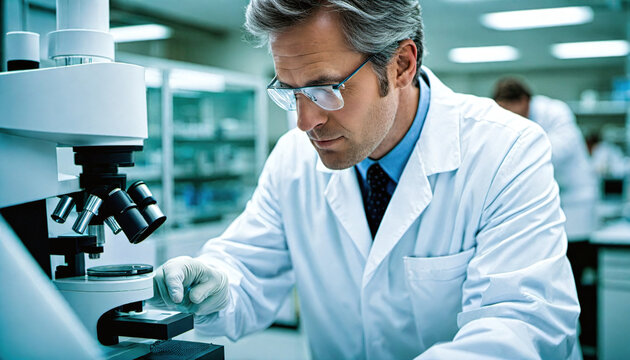 focused old scientist in a white suit with gray hair wearing glasses doing some research and examining in modern labolatory under microscope, generative AI