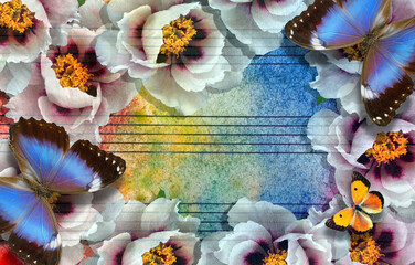 colorful tropical butterflies on peony flowers against the background of a musical sheet in multi-colored watercolor stains