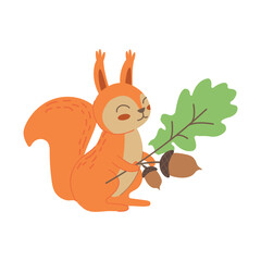 Cute little squirrel holding branch with acorn. Welcome Fall concept. Cartoon animal character for kids t-shirts, nursery decoration, greeting card, invitation, house interior. Vector illustration