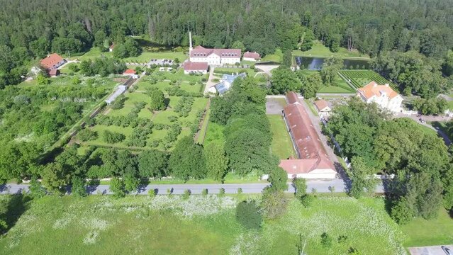 Palmse manor air museum, aerial view on a sunny summer day, Estonia