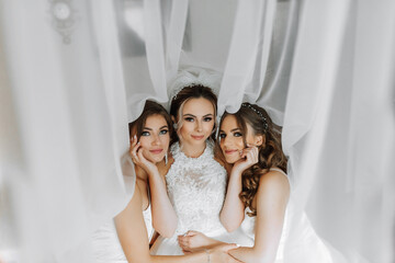 The bridesmaids are looking at the camera. All under the bride's veil. The bride and her fun...