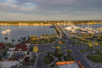 St. Augustine, Florida, USA - An elevated view of the Bridge of Lions in St. Augustine from the top of the Treasury building at sunset.