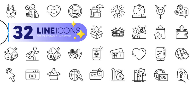 Outline set of Water cooler, Loyalty points and Get box line icons for web with Wallet, Stop shopping, Smile face thin icon. Video content, Heart, Mail pictogram icon. Vector