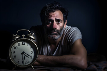 A middle-aged man suffering from insomnia sitting at night with a clock, awake desperate unable to sleep