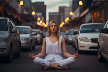A young woman siting in the middle of the road in downtown, meditating while practicing yoga in the lotus position surrounded by cars. De-stress, unwind concept