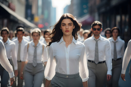 A business woman leading a group of businessmen walking through the city center. Female leadership concept