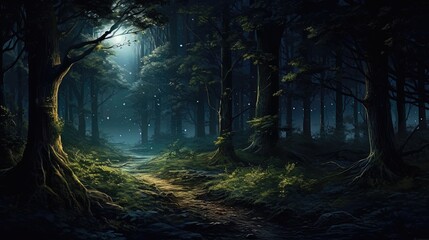 Night fabulous dark forest. AI generation