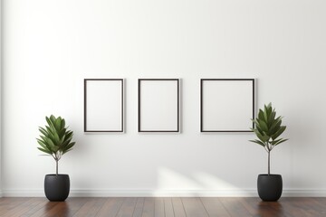An art gallery with on minimalist white walls and plants. Mockup