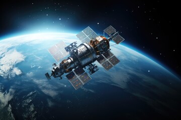 A satellite in orbit around the Earth, the blue planet below it shining brightly.