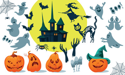 Big set of stickers for Halloween in cartoon style. Pumpkins, ghosts, witch, cat, castle, spiders, bats, flat. vector illustration, clipart.