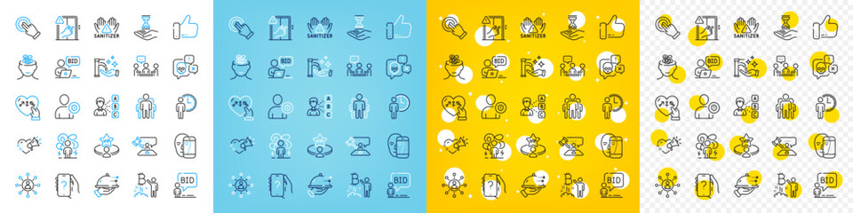 Vector icons set of Food delivery, Group and Ask question line icons pack for web with Like, Difficult stress, Washing hands outline icon. Vip table, Auction, Security pictogram. Genders. Vector